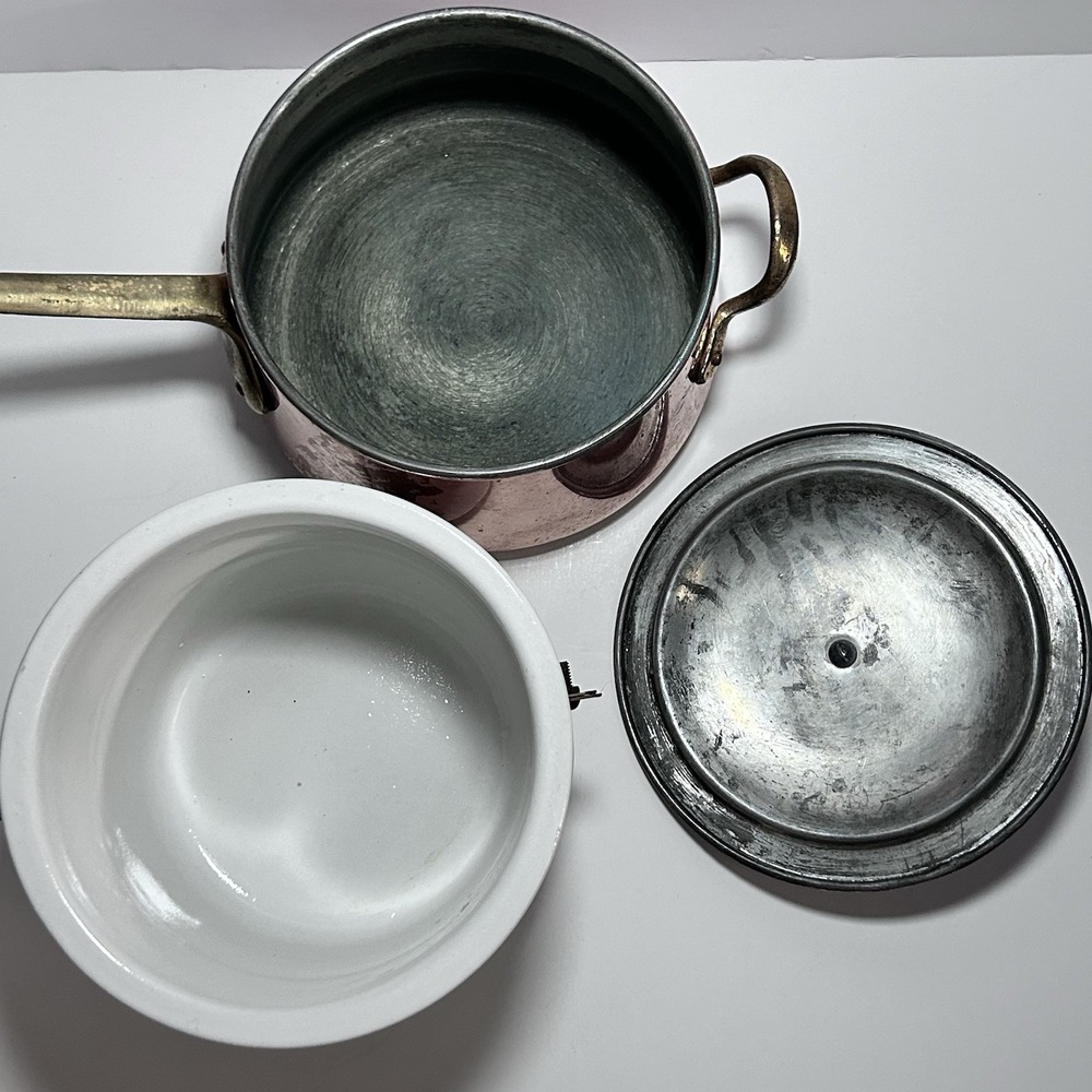 Vintage Taurus Portuguese Copper Double Boiler with Ceramic Insert Brass Handle - Picture 7 of 12